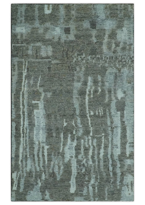 Modern abstract Charcoal and Light Blue Hand knotted 5x8 wool Area Rug