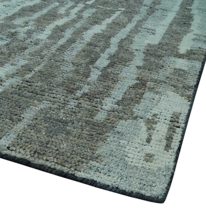 Modern abstract Charcoal and Light Blue Hand knotted 5x8 wool Area Rug