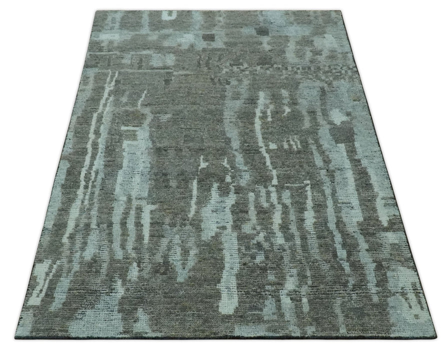 Modern abstract Charcoal and Light Blue Hand knotted 5x8 wool Area Rug