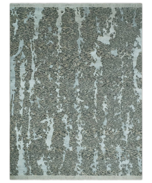 Modern Abstract Charcoal, Beige and Silver Hand Knotted 5.6x8 wool and Bamboo Silk area Rug