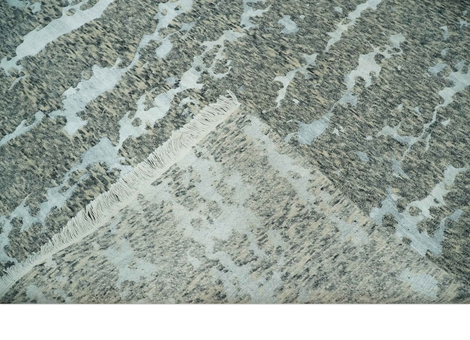 Modern Abstract Charcoal, Beige and Silver Hand Knotted 5.6x8 wool and Bamboo Silk area Rug