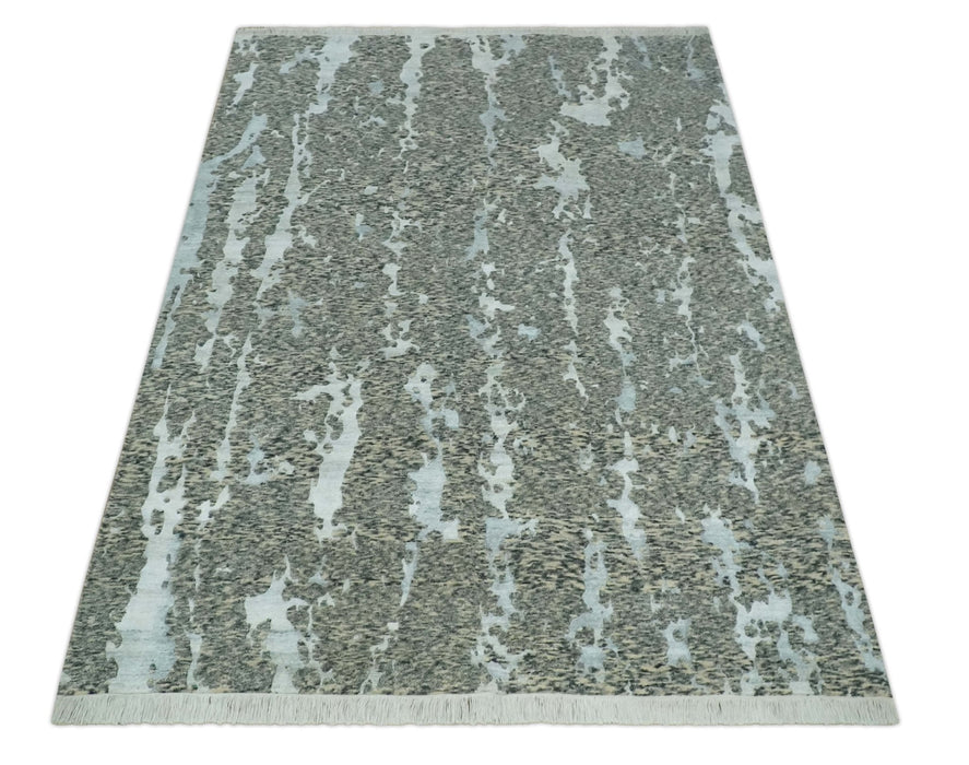 Modern Abstract Charcoal, Beige and Silver Hand Knotted 5.6x8 wool and Bamboo Silk area Rug