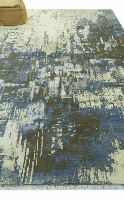 Modern Abstract Design Beige And Blue 9x12 Hand Knotted Wool Area Rug