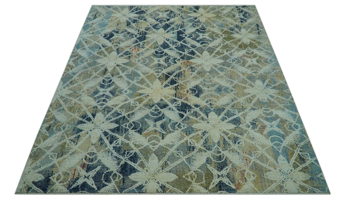 Modern Abstract Design Blue And Beige Hand Knotted 8x10 Wool And Real Silk Area Rug