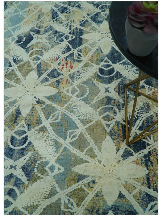 Modern Abstract Design Blue And Beige Hand Knotted 8x10 Wool And Real Silk Area Rug