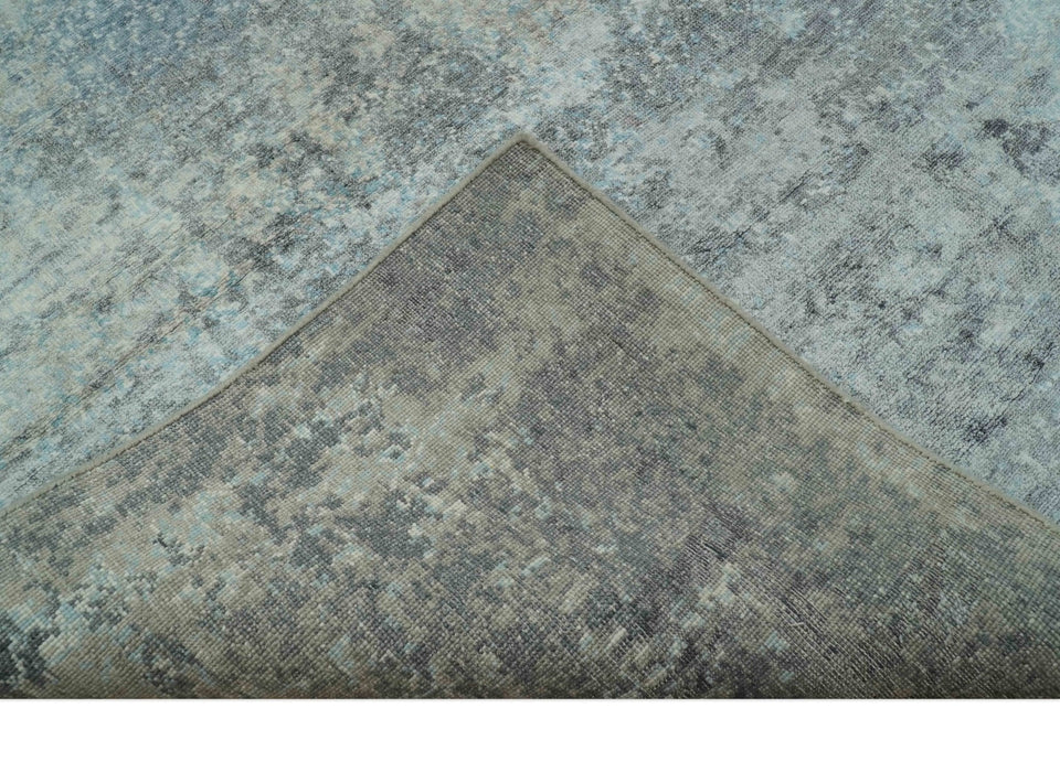 Abstract Blue And Gray  8x10 Hand Knotted Bamboo Silk Area Rug