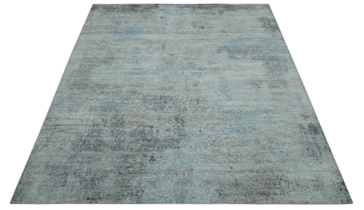 Abstract Blue And Gray  8x10 Hand Knotted Bamboo Silk Area Rug