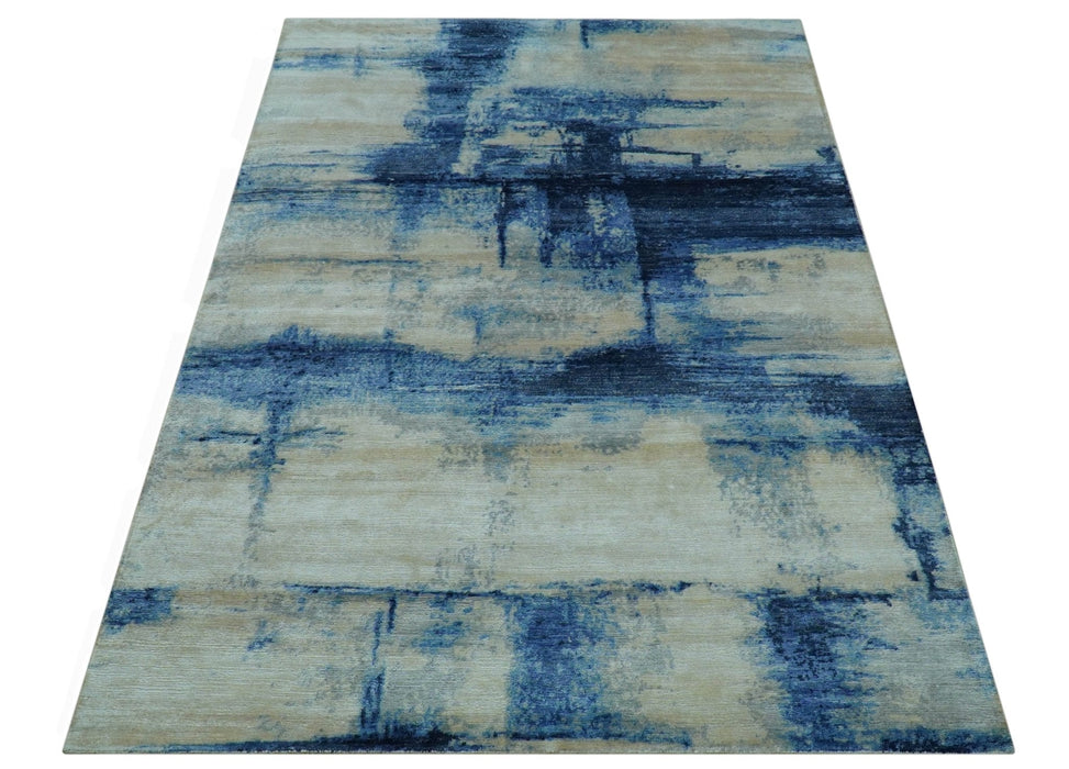 Modern Abstract Design Blue And Ivory Hand Knotted 6x9 Bamboo Silk Area Rug
