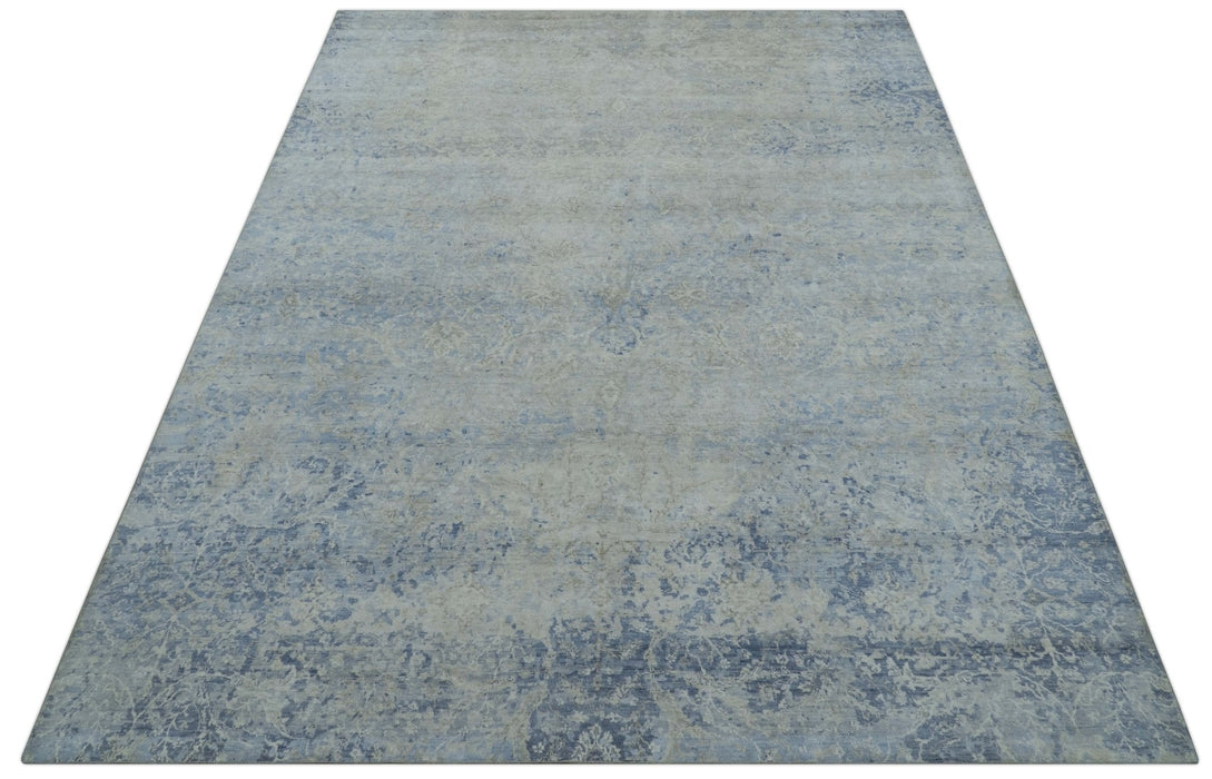 Modern Abstract Design Gray And Blue 10x13 Hand Knotted Bamboo Silk Area Rug