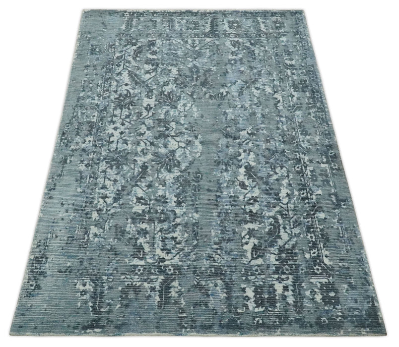 Modern Abstract Gray, Blue, Charcoal and Ivory 5x8 Hand loom wool and Viscose Area Rug