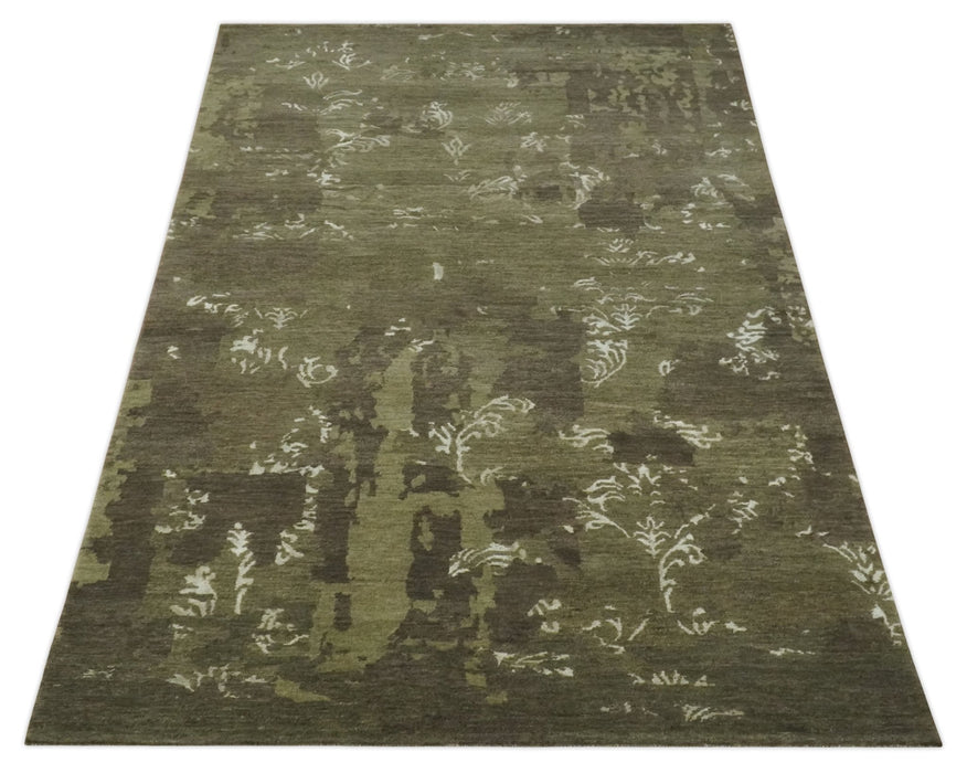 Modern Abstract Green and Silver Hand loom wool and Art Silk Area Rug