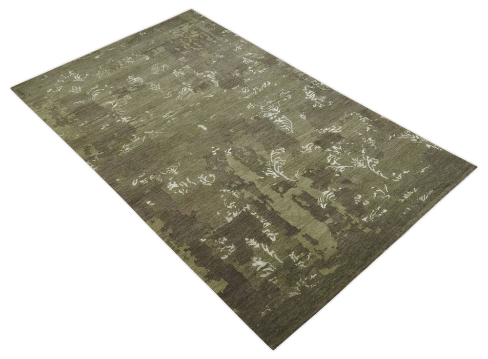 Modern Abstract Green and Silver Hand loom wool and Art Silk Area Rug