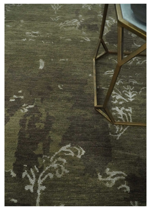Modern Abstract Green and Silver Hand loom wool and Art Silk Area Rug