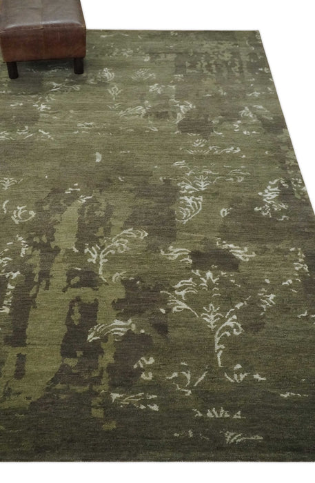 Modern Abstract Green and Silver Hand loom wool and Art Silk Area Rug