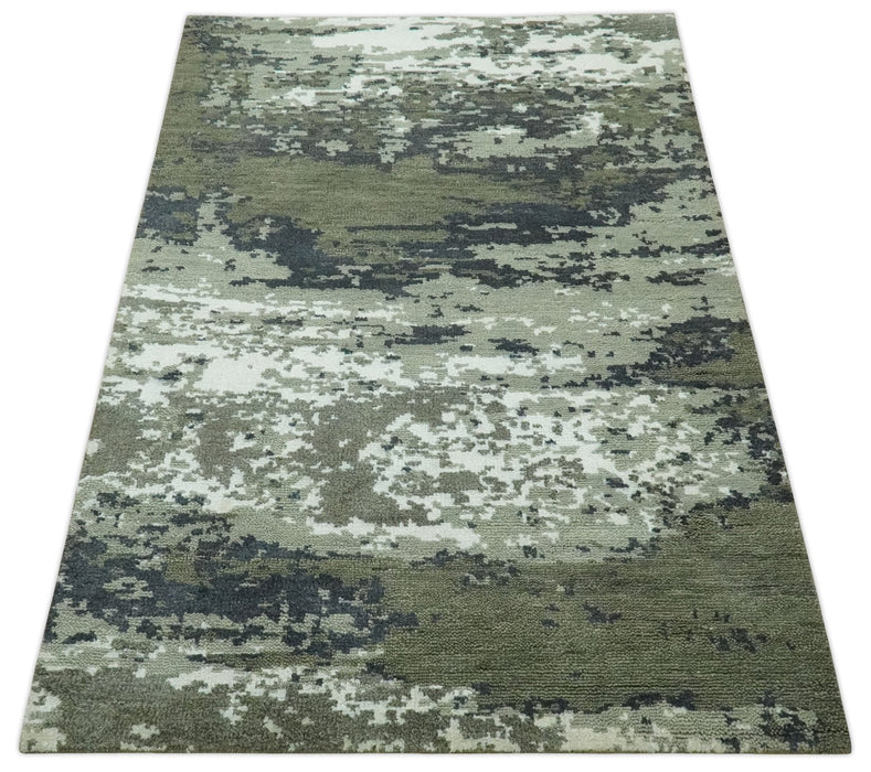Modern abstract Green, Charcoal, Ivory and silver Hand Knotted 5x8 wool Area Rug