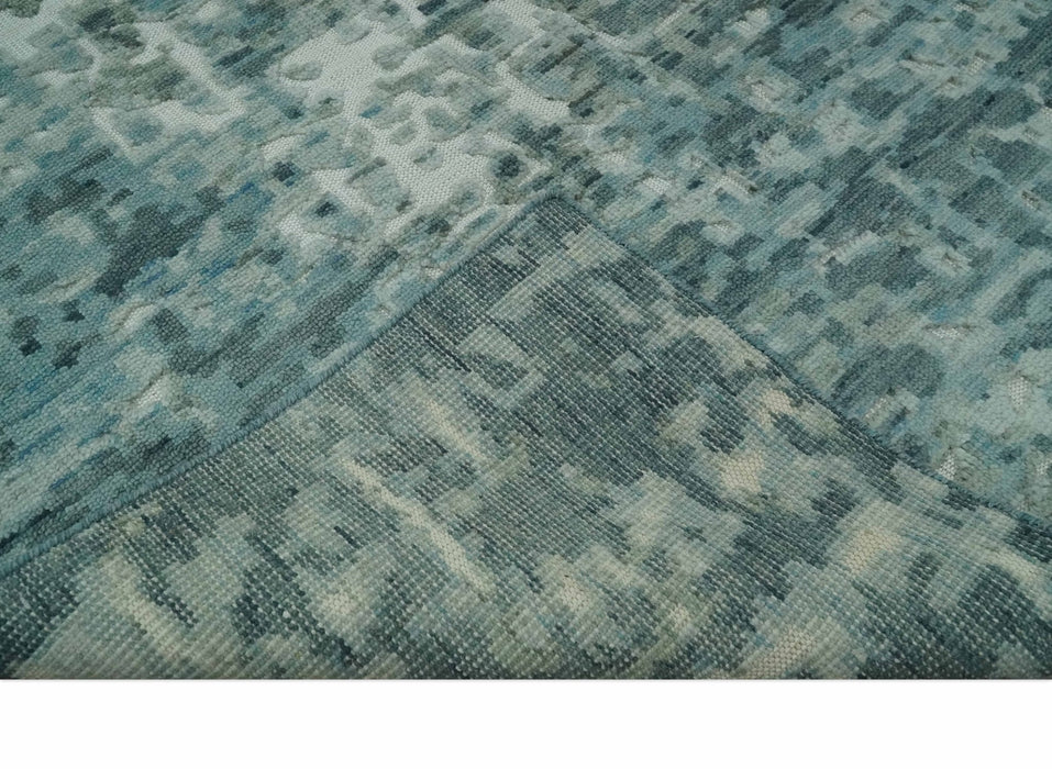 Modern Abstract Hand carved Texture Teal, Ivory and Blue Hand Knotted 5x8 wool Rug