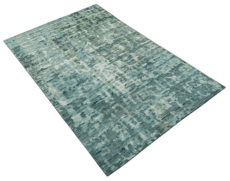 Modern Abstract Hand carved Texture Teal, Ivory and Blue Hand Knotted 5x8 wool Rug