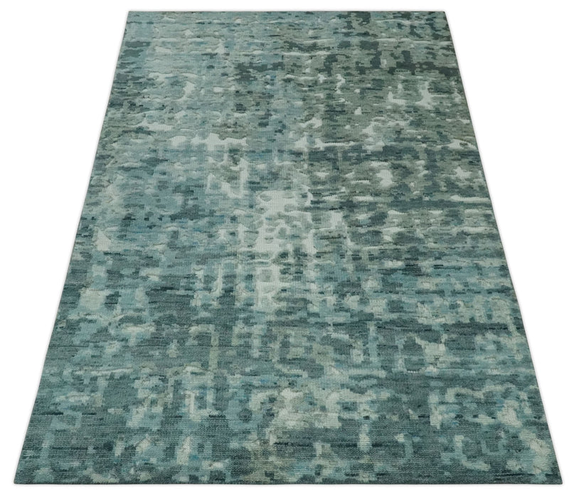 Modern Abstract Hand carved Texture Teal, Ivory and Blue Hand Knotted 5x8 wool Rug