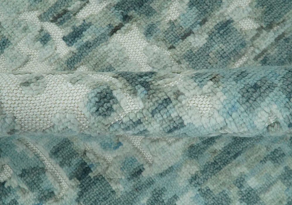 Modern Abstract Hand carved Texture Teal, Ivory and Blue Hand Knotted 5x8 wool Rug