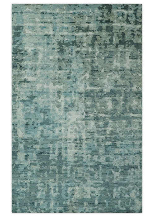 Modern Abstract Hand carved Texture Teal, Ivory and Blue Hand Knotted 5x8 wool Rug