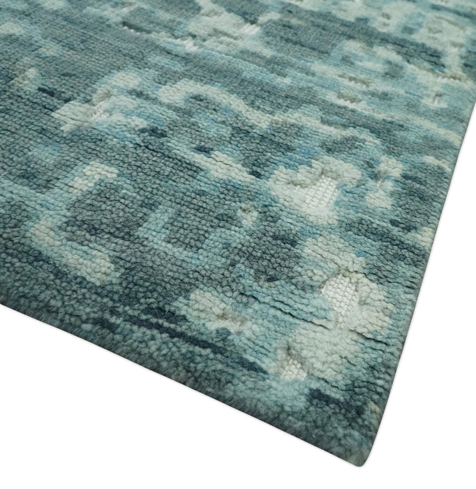 Modern Abstract Hand carved Texture Teal, Ivory and Blue Hand Knotted 5x8 wool Rug