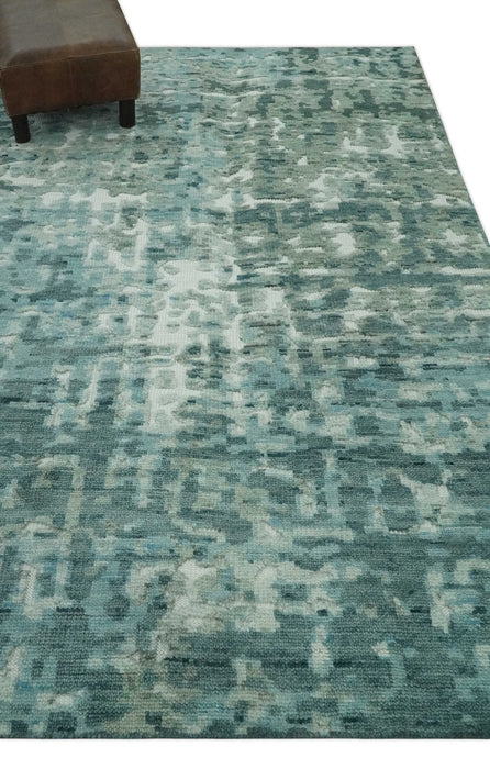 Modern Abstract Hand carved Texture Teal, Ivory and Blue Hand Knotted 5x8 wool Rug
