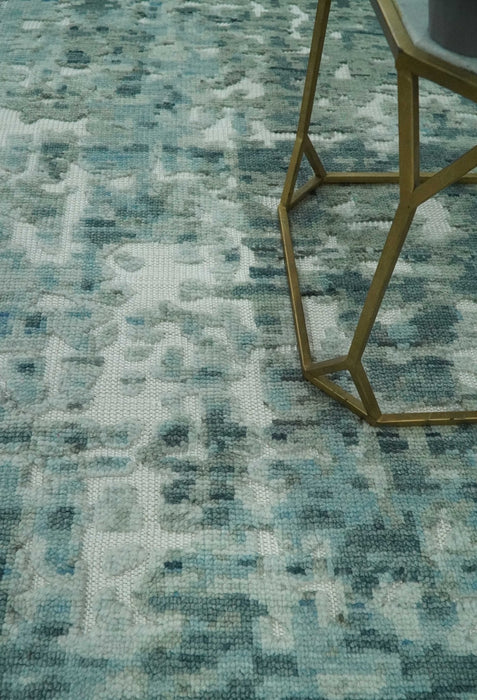 Modern Abstract Hand carved Texture Teal, Ivory and Blue Hand Knotted 5x8 wool Rug