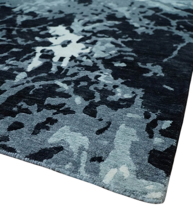 Modern Abstract Hand Knotted 8x10 Ivory, Gray, Charcoal and Black  Wool and Blended Silk Area Rug