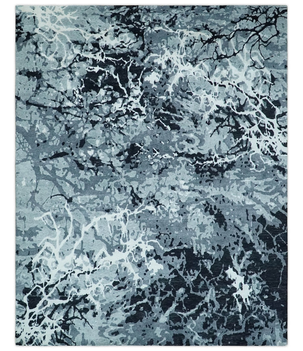 Modern Abstract Hand Knotted 8x10 Ivory, Gray, Charcoal and Black  Wool and Blended Silk Area Rug