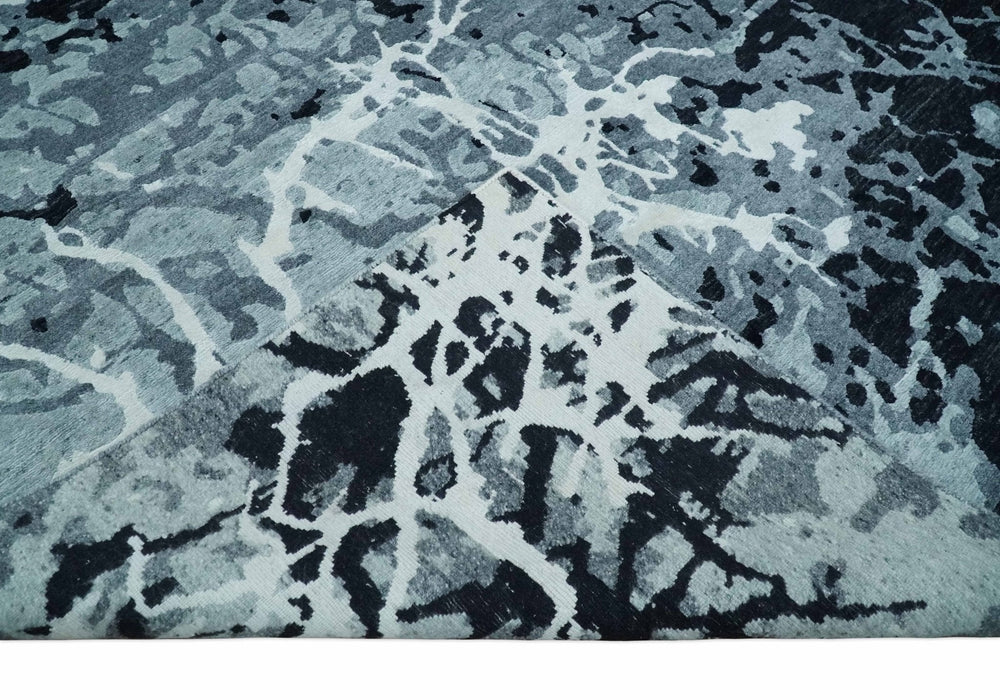 Modern Abstract Hand Knotted 8x10 Ivory, Gray, Charcoal and Black  Wool and Blended Silk Area Rug