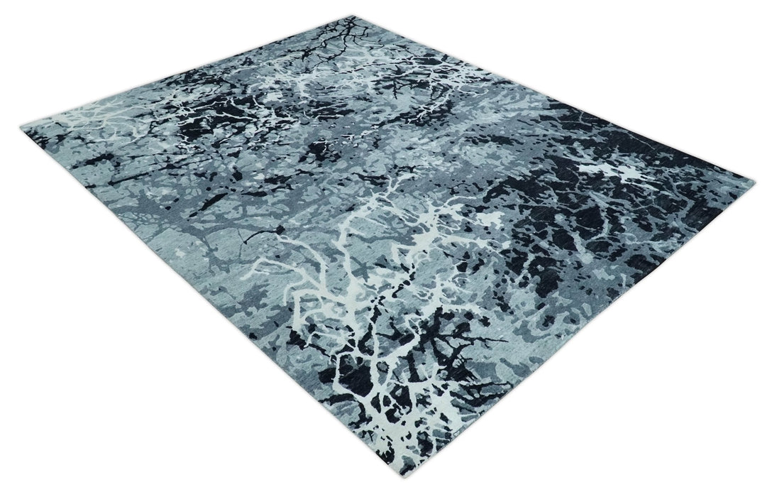 Modern Abstract Hand Knotted 8x10 Ivory, Gray, Charcoal and Black  Wool and Blended Silk Area Rug