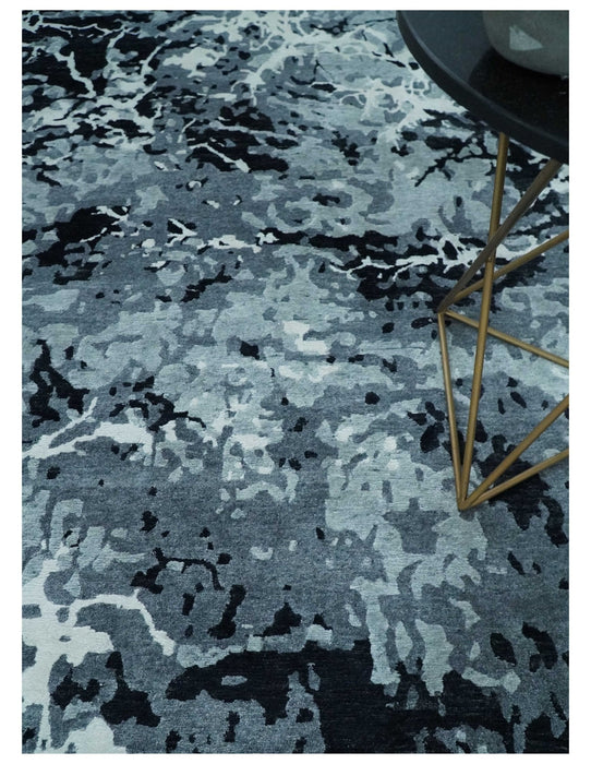 Modern Abstract Hand Knotted 8x10 Ivory, Gray, Charcoal and Black  Wool and Blended Silk Area Rug