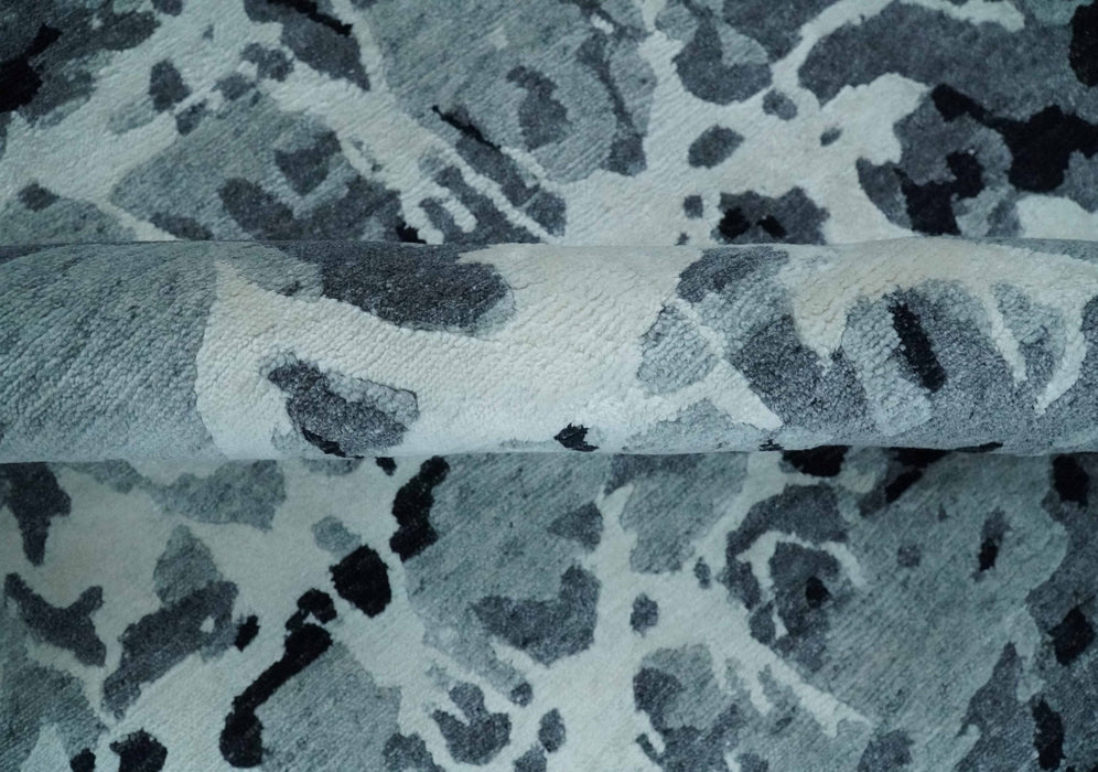 Modern Abstract Hand Knotted 8x10 Ivory, Gray, Charcoal and Black  Wool and Blended Silk Area Rug
