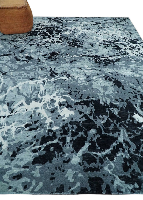 Modern Abstract Hand Knotted 8x10 Ivory, Gray, Charcoal and Black  Wool and Blended Silk Area Rug