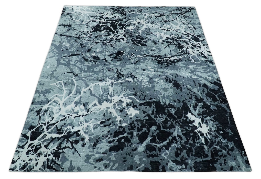 Modern Abstract Hand Knotted 8x10 Ivory, Gray, Charcoal and Black  Wool and Blended Silk Area Rug