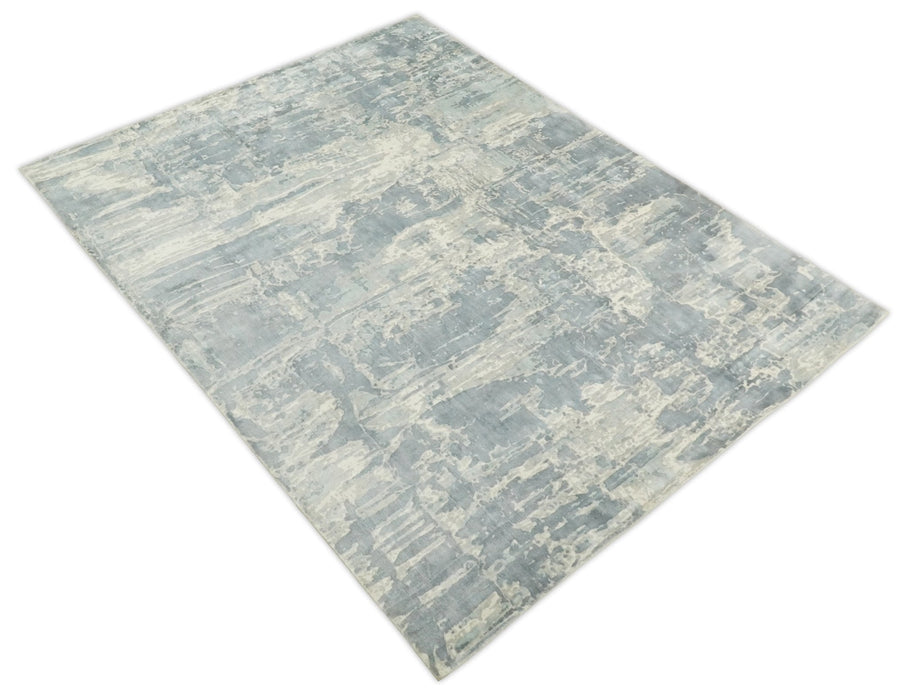 Modern Abstract Handmade 8x10 Beige and Gray Bamboo Silk Area Rug