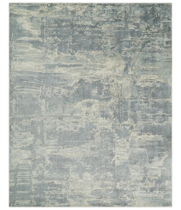 Modern Abstract Handmade 8x10 Beige and Gray Bamboo Silk Area Rug