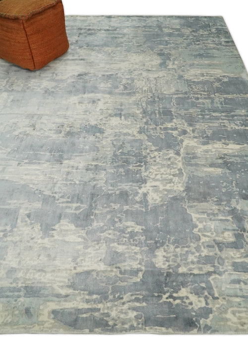 Modern Abstract Handmade 8x10 Beige and Gray Bamboo Silk Area Rug