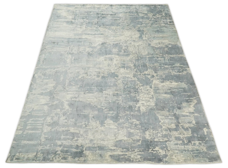 Modern Abstract Handmade 8x10 Beige and Gray Bamboo Silk Area Rug