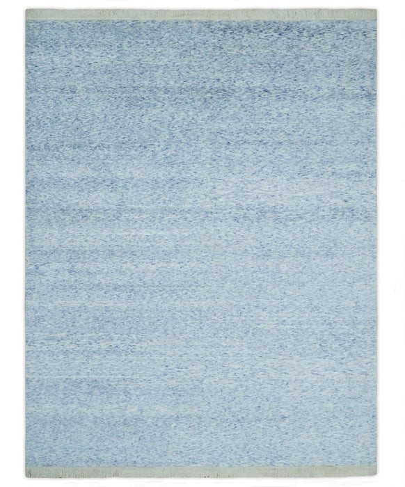 Modern Abstract Ivory and Blue 5.6x8 Hand Knotted Bamboo Silk Area Rug