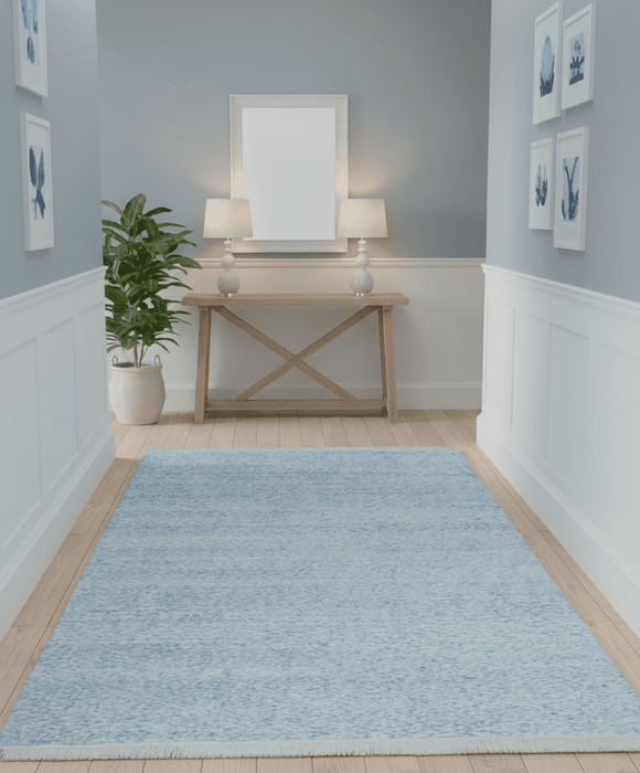Modern Abstract Ivory and Blue 5.6x8 Hand Knotted Bamboo Silk Area Rug