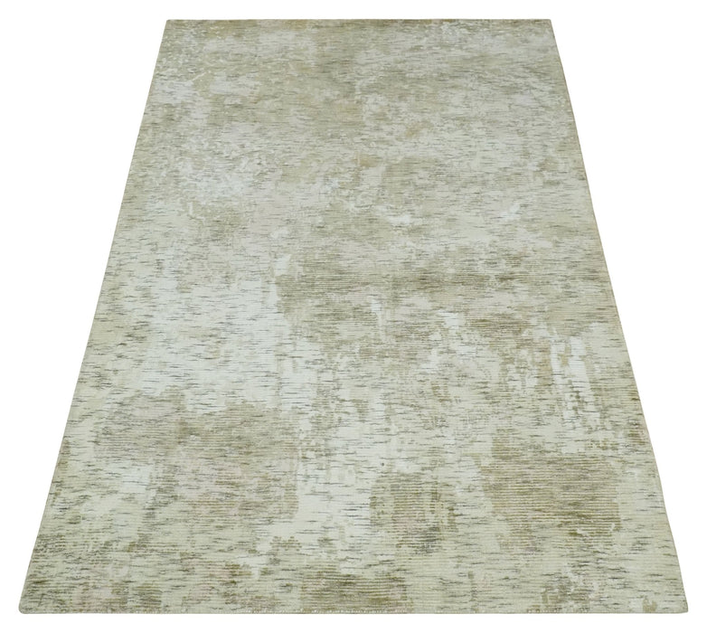 Modern Abstract Ivory, Green and Charcoal 5x8 Hand loom Wool and Viscose Area Rug