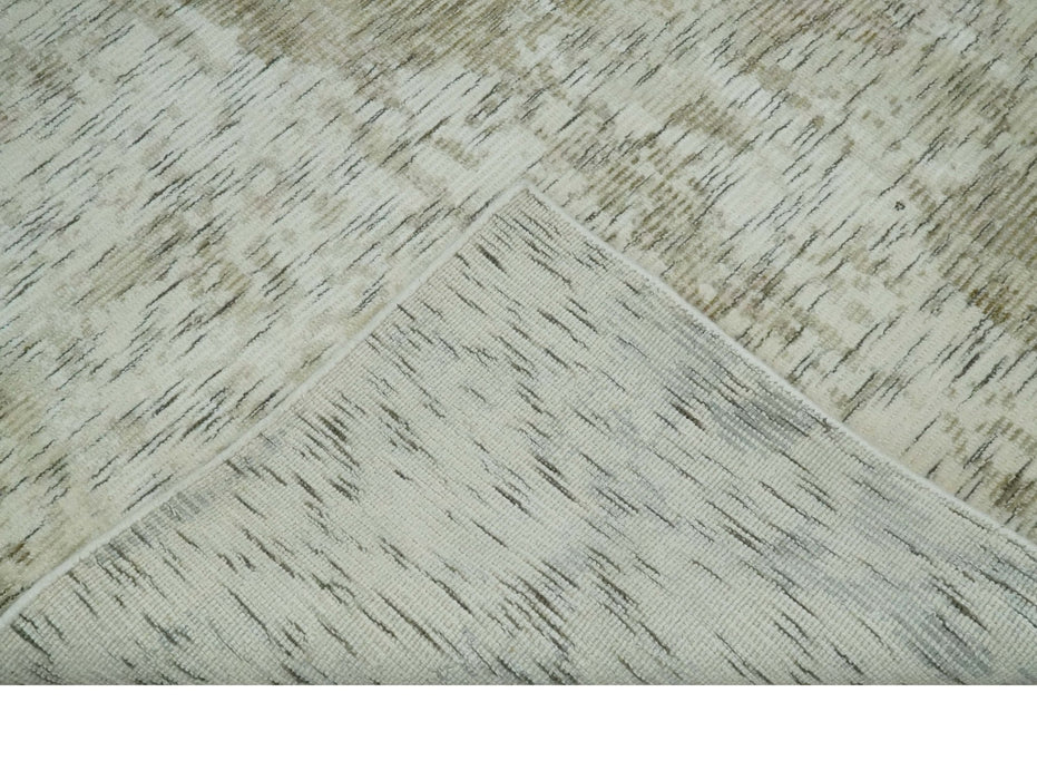 Modern Abstract Ivory, Green and Charcoal 5x8 Hand loom Wool and Viscose Area Rug