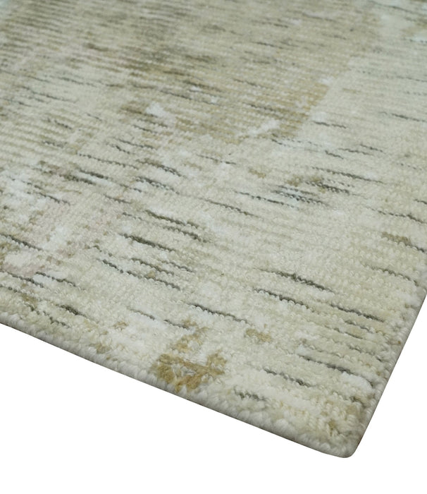 Modern Abstract Ivory, Green and Charcoal 5x8 Hand loom Wool and Viscose Area Rug
