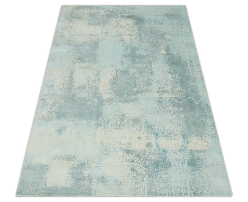 Modern Abstract Light Blue, Beige and Gray Hand loom 5x8 wool and Viscose Area Rug