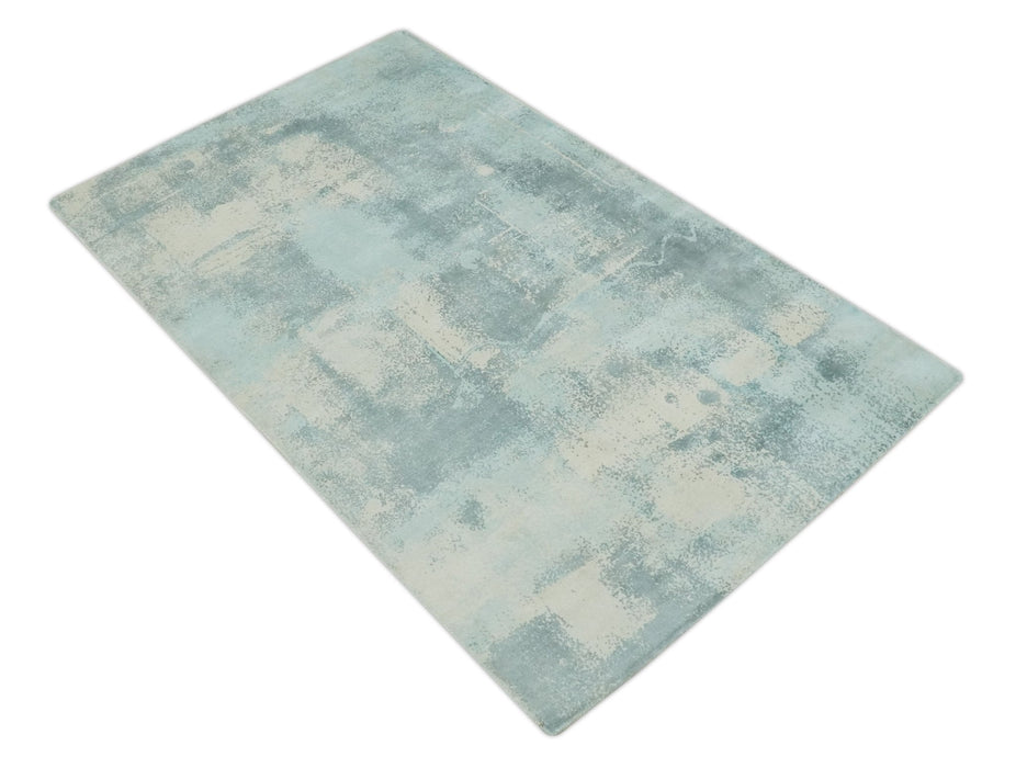 Modern Abstract Light Blue, Beige and Gray Hand loom 5x8 wool and Viscose Area Rug