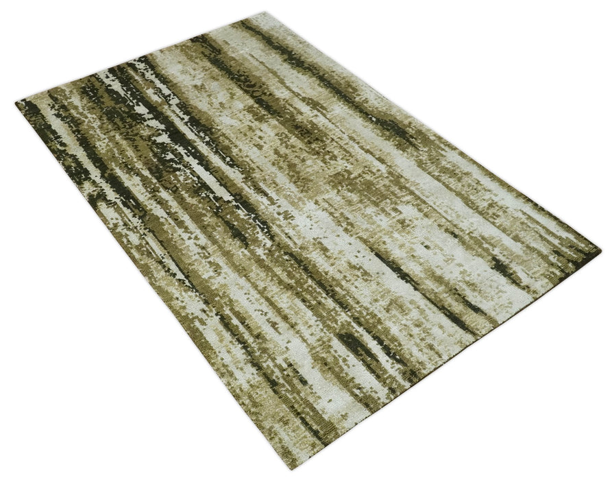 Modern Abstract Olive, ivory and Green Hand Knotted 5x8 wool and Art Silk Area Rug