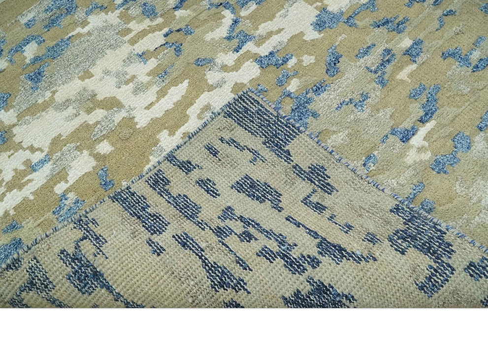 Modern abstract Olive, Ivory, Blue and Silver Hand Knotted 5.6x8 wool Area Rug