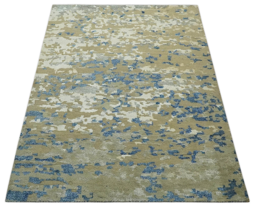 Modern abstract Olive, Ivory, Blue and Silver Hand Knotted 5.6x8 wool Area Rug
