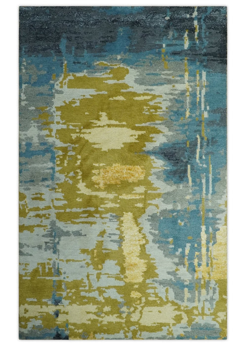 Modern Abstract Olive, Silver, Blue and Charcoal 5x8 Hand Knotted wool Area Rug